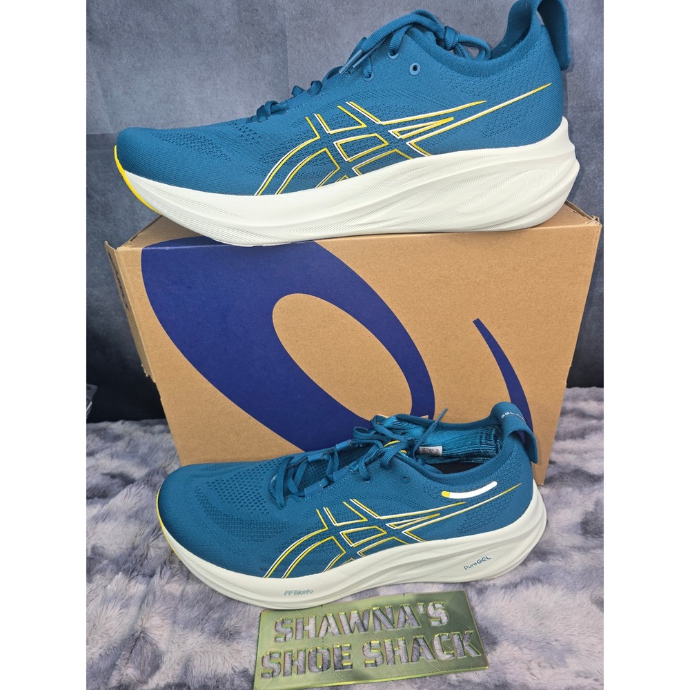 NWB ASICS Gel-Nimbus 26 Evening Teal Light Mustard Running Shoes Mens 15